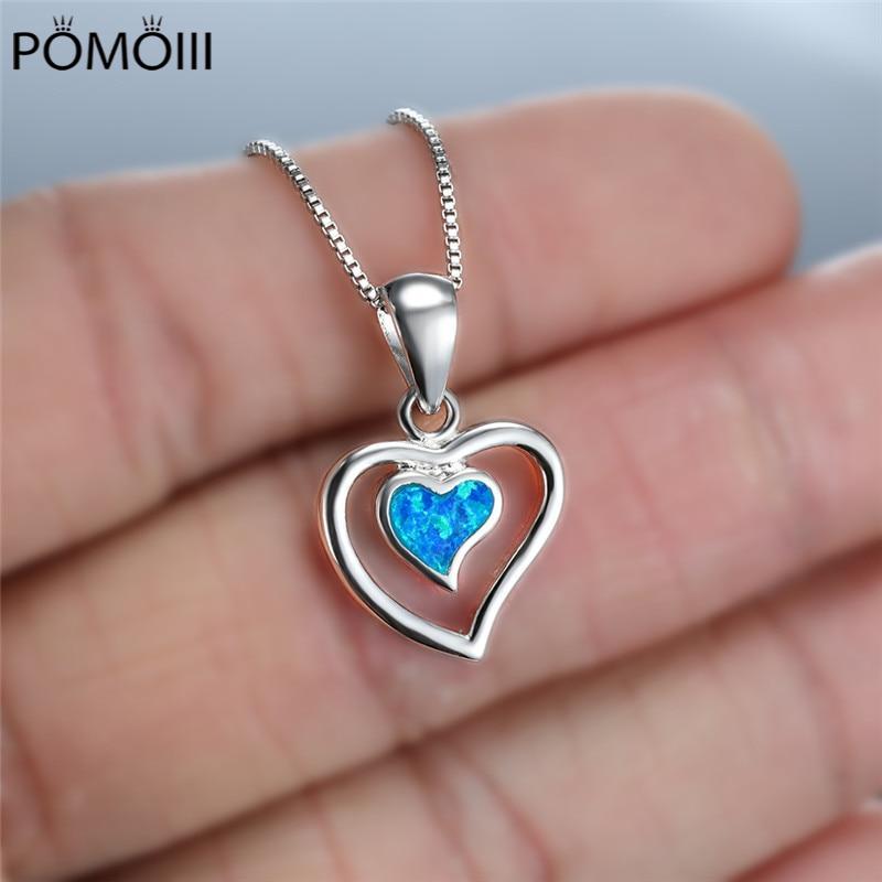 White Blue Fire Opal Cute Heart Pendant Necklaces For Women Romantic Jewelry Vintage Fashion 925 Silver Birthstone Necklace Gift