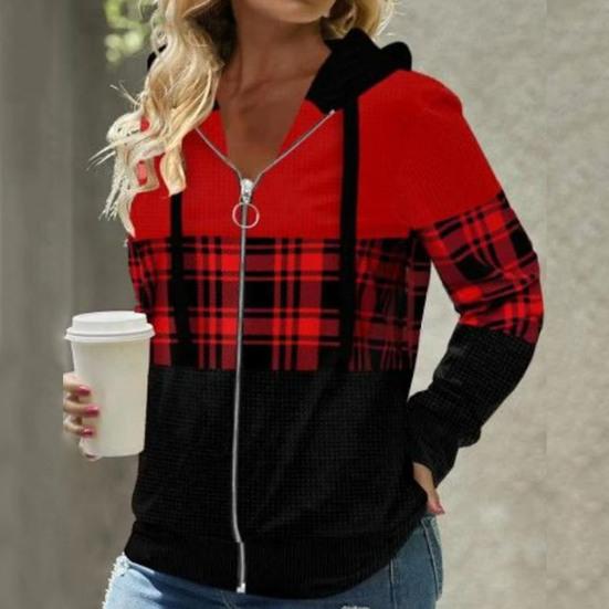 Осенние женские толстовки с капюшоном, модная куртка-кардиган с клетчатым узором на молнии и планкой, обычная посадка с длинными рукавами, повседневное пальто с капюшоном, весенне-осенняя женская одежда