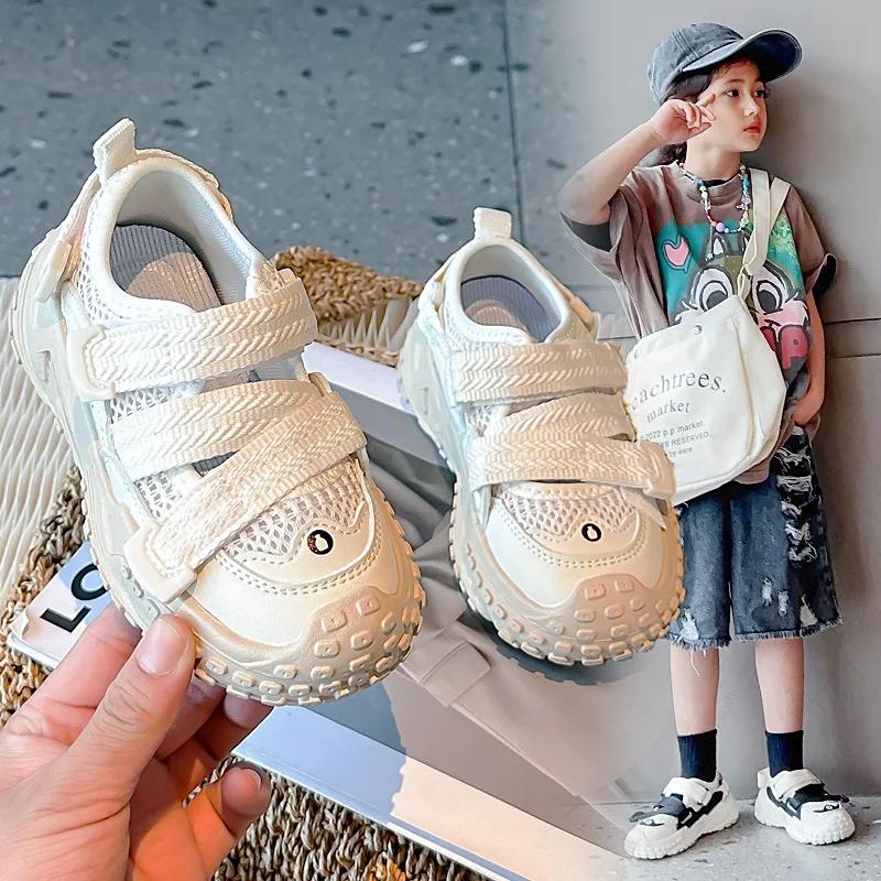 Kids Summer Running Shoes 2024 New Breathable Casual Sports Shoes with Cross Strap Neutral Hollow Breathable Sneakers Hook&loop