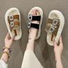 Fashion Thick Bottom Woolly Slippers Women's Double Row Large Size New Line with Drill Flip-flops Outside Wear Plus Cashmere Cotton Drag