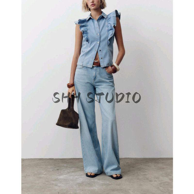 Summer New Women Clothes Simple Style Single-Breasted Sleeveless Lapel Laminated Decoration Demin Shirt 9942155