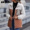 Shinier Casual Plush Women's Long Sleeve Loose Round Neck Spliced Zipper Animal Print Double-sided Fleece Coat