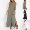 Summer Cotton Linen Maxi Dress for Women Spaghetti Strap Sleeveless Long Dress Casual Flowy Split Beach Sundress