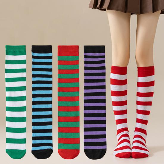 Women Striped Knee-high Socks Colorful Stretchy Knee-length Socks Ribbed Leg Warmers for Costume Party Street Daily Wear