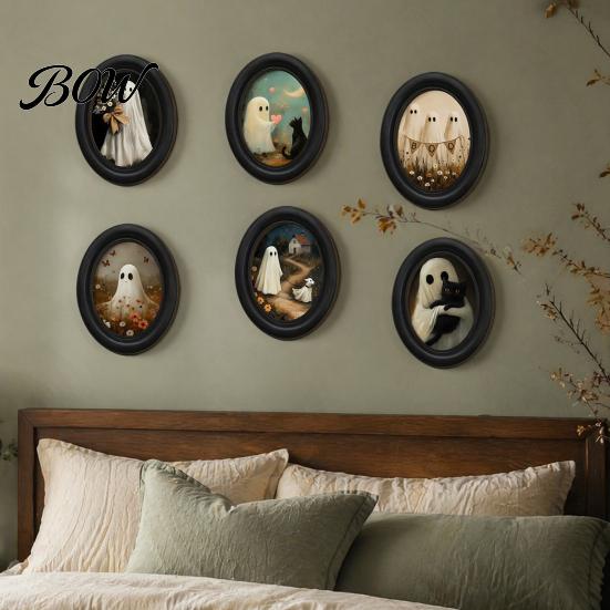 Sweet Cool Halloween Sign Gothic Oval Wooden Hanging Plaque, Vintage Black Cat Ghost Wall Retro Oil Painting Style Sign, Waterproof Decorative Art for