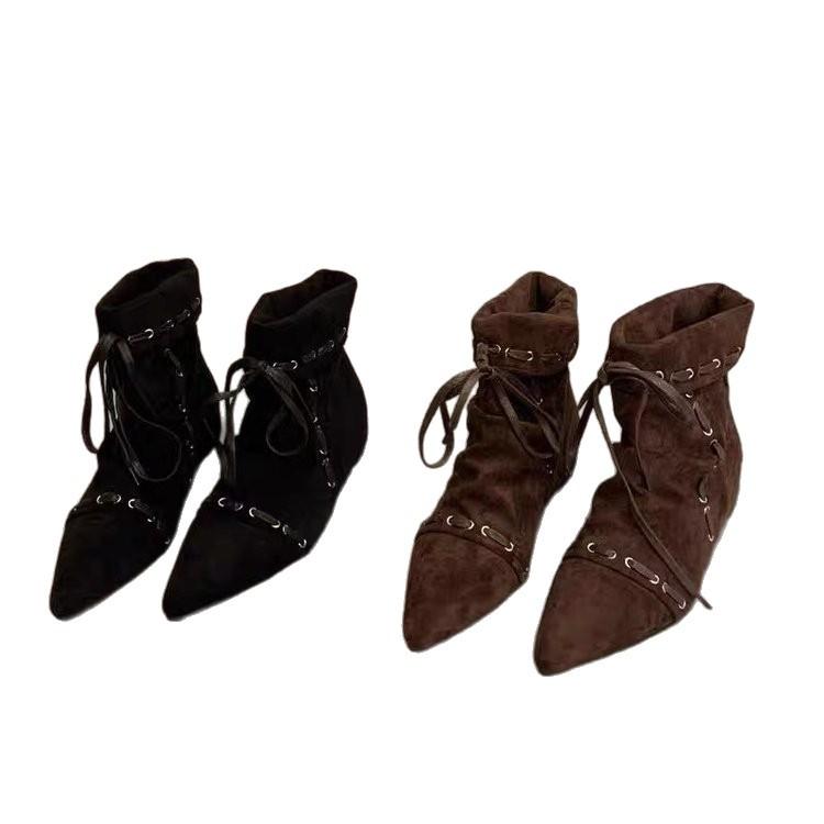 Складные остроносые короткие сапоги женские на плоской подошве с ремешками 2025 лето и осень новые ретро нишевые Майяр западные ковбойские сапоги