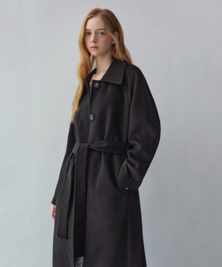Basika Wooden Cashmere Balmacaan Long Coat (Black)