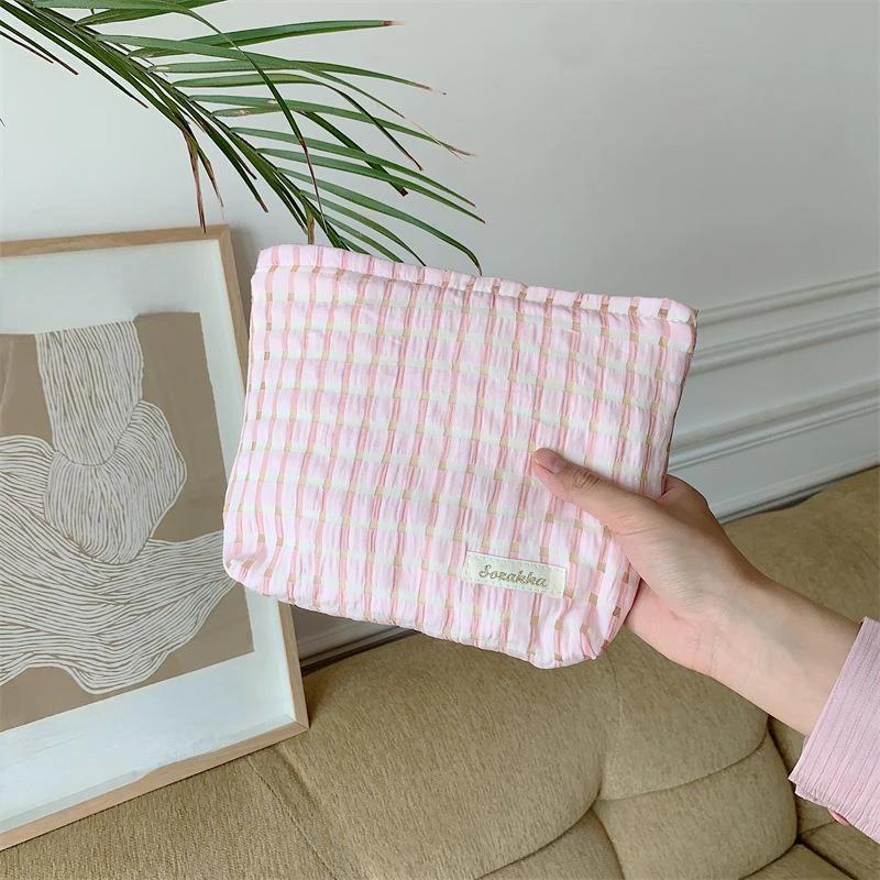 Клатч для макияжа, портативный органайзер для туалетных принадлежностей, сумка для канцелярских принадлежностей, новый свежий милый клетчатый холщовый холщовый косметический чехол для хранения