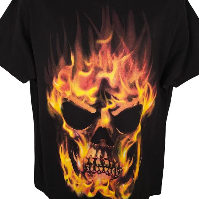 Flaming Skull 100% Cotton T-shirt Mens Tees Top Mens Size Large Black Halloween Fire Skeleton