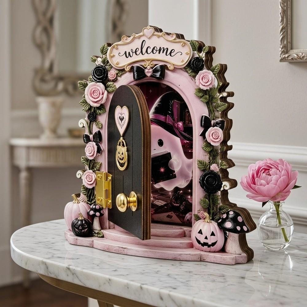 Pumpkin Mushroom Mini Wooden Ghost Door Figurine Welcome Ghost Door Craft Decor Holiday Party