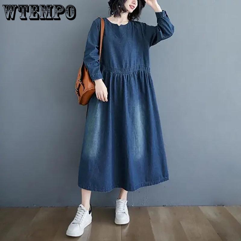 Свободное весеннее синее джинсовое платье с длинным рукавом, женские повседневные винтажные однотонные универсальные длинные платья с круглым вырезом, уличная одежда