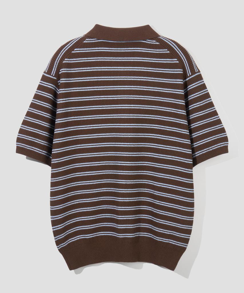 AGOD Collar Button Stripe Half Knit [Brown]