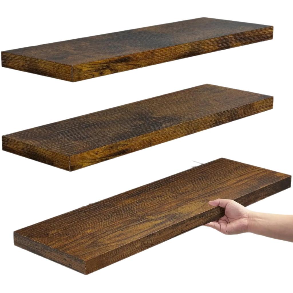 No-Drill Floating Wall Shelf One-Piece Storage Rack for Bathroom Toiletries, Kitchen Spice Bottle Display Shelf, Thickened Solid Wood 60cm