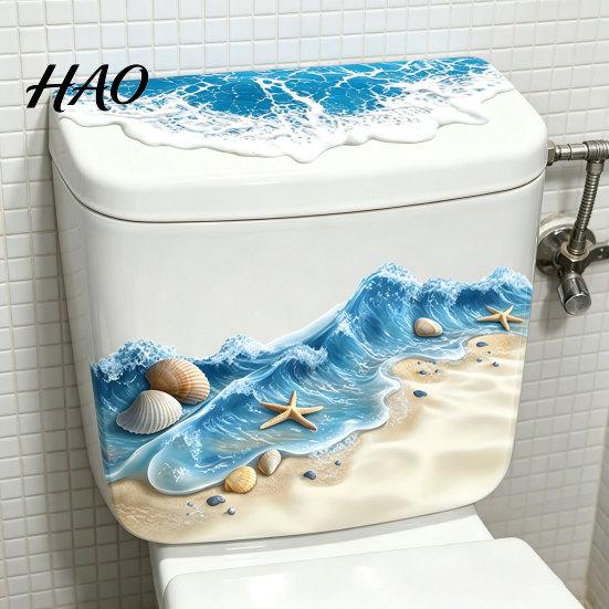 Toilet Decoration Sticker Ocean Beach Decorative Sticker, 3D Effect Wave Shell Starfish Bathroom Decals Sand Self-Adhesive Waterproof PVC Wall