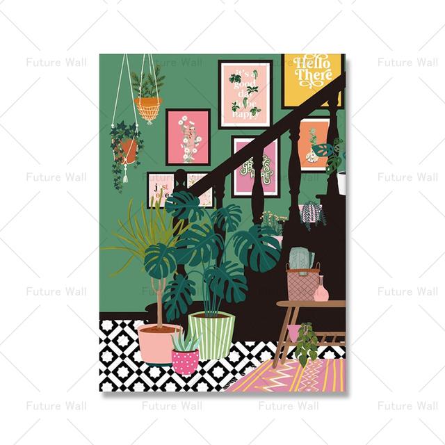 Тропические растения. Растения для ванной комнаты. Скандинавский плакат. Богемное украшение с зелеными листьями.