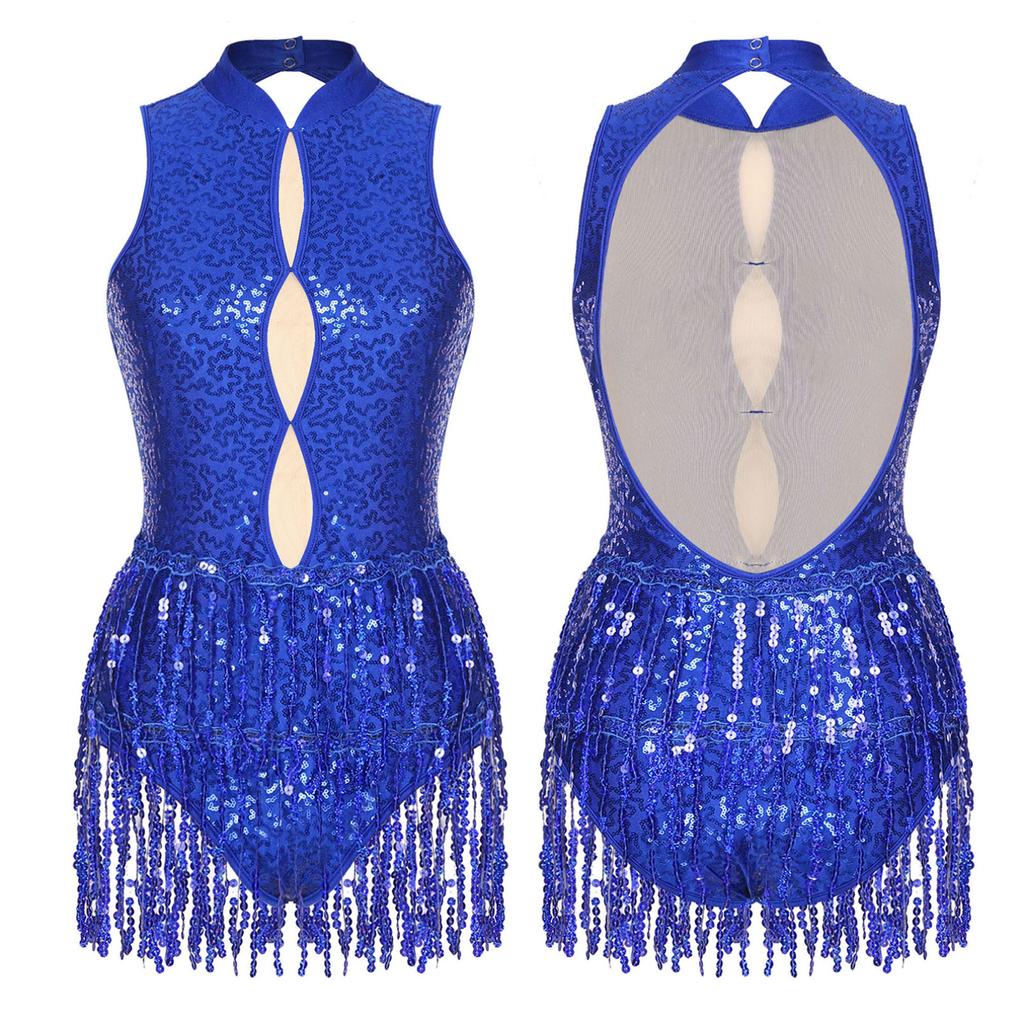 Women's Shiny Sequins Tassel Latin Jazz Dance Leotard Backless Fringed Bodysuit Lyrical Dance Costume