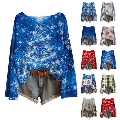 Женский легкий свитер с рождественским принтом, повседневный вязаный пуловер с длинным рукавом