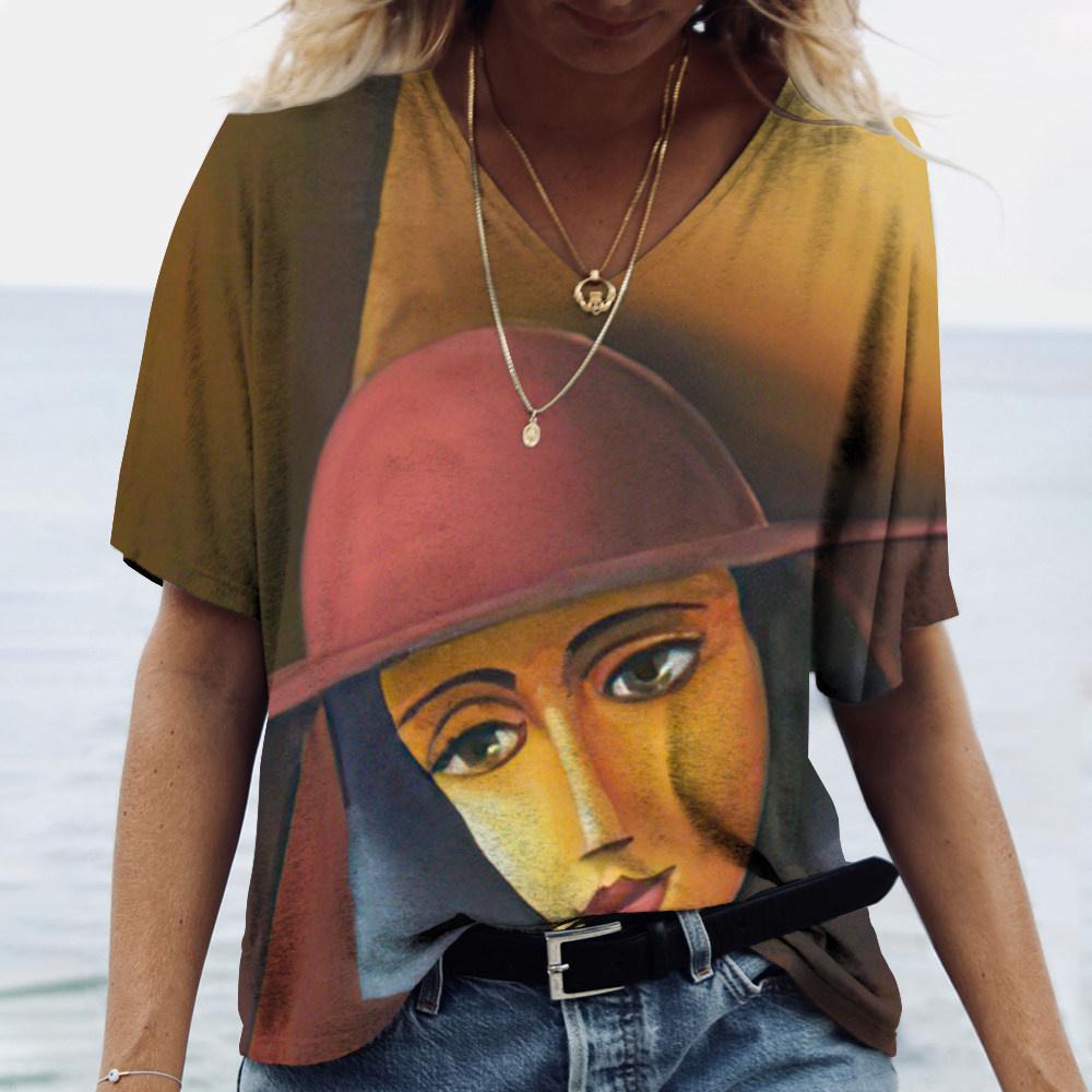 Винтажная женская футболка с V-образным вырезом, модный топ с абстрактным принтом лица 3D, уличный стиль, короткий рукав, футболка