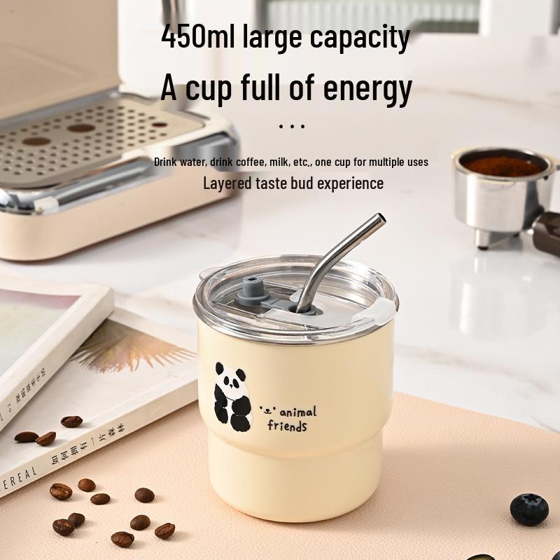 Портативная термокружка из нержавеющей стали с рисунком панды и соломинкой