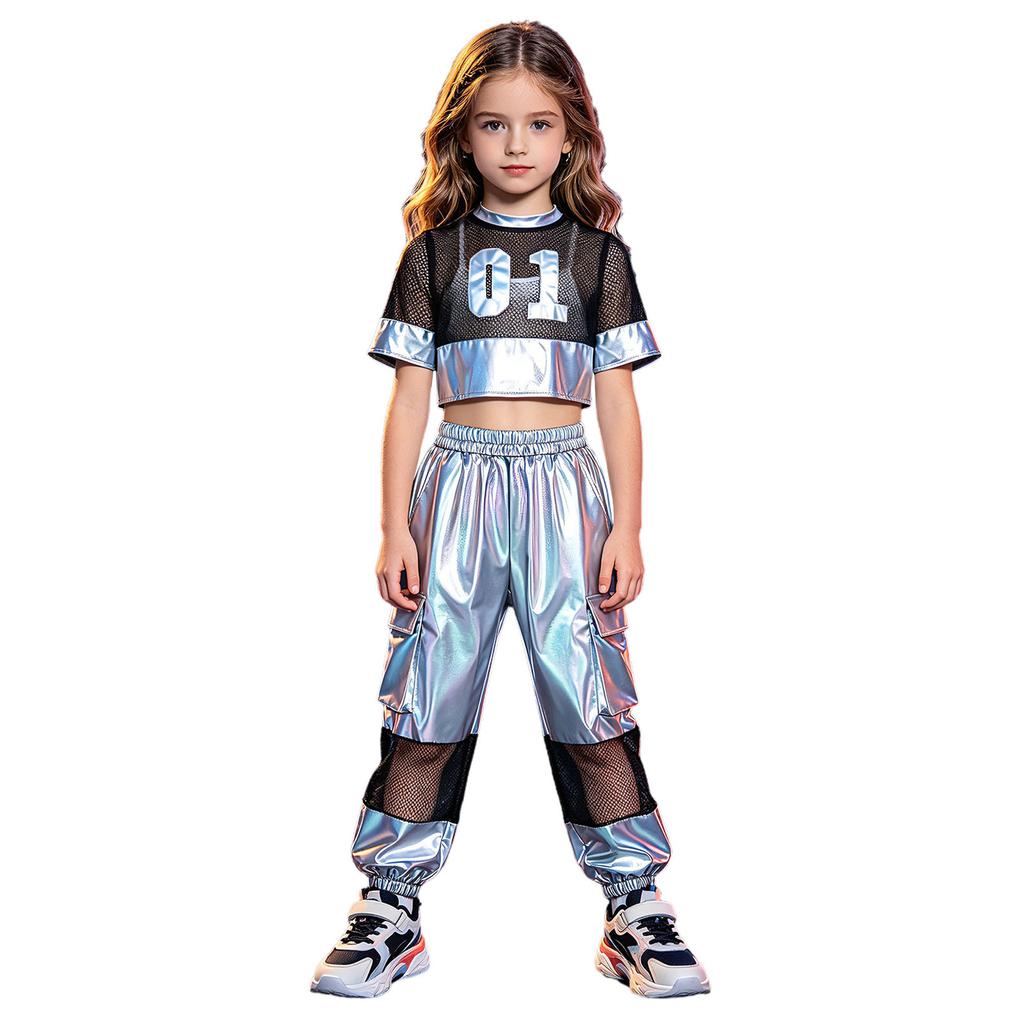 Kids Girls Hip Hop Jazz Dance Set Short Sleeve Number Graphic Hollow Out Mesh Crop Top with Shiny Cargo Pants for Stage Performance Competition