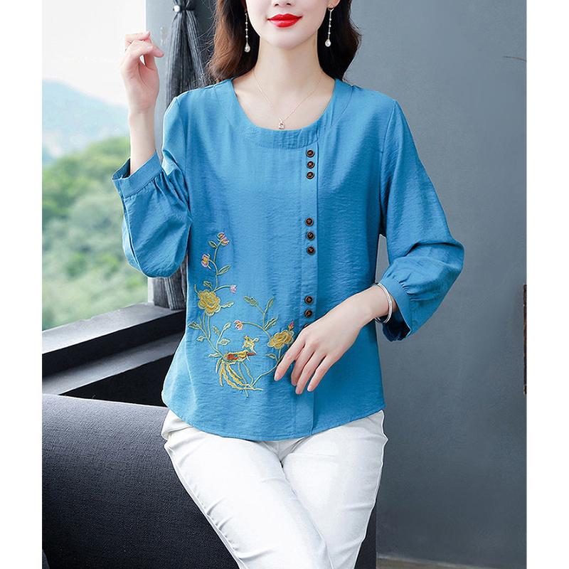Summer Cotton Linen Embroidery Loose Casual Blouse Lady 3/4 Sleeve Vintage All-match Top Women Fashion Oversized Elegant Shirt