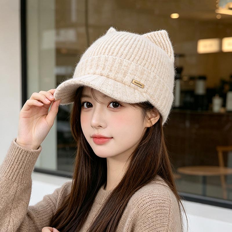 Women S Fleece Warm Cat Ear Knit Baseball Cap For Autumn Winter Outdoor