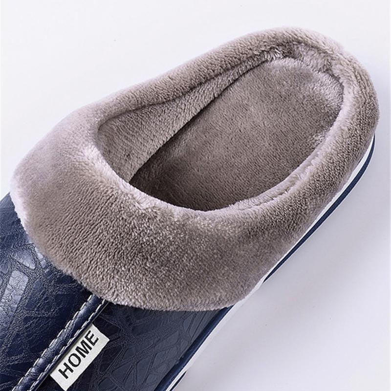Men Women Waterproof PU Leather Winter Warm Plush Home Shoes House Slippers Indoor Anti-Skid