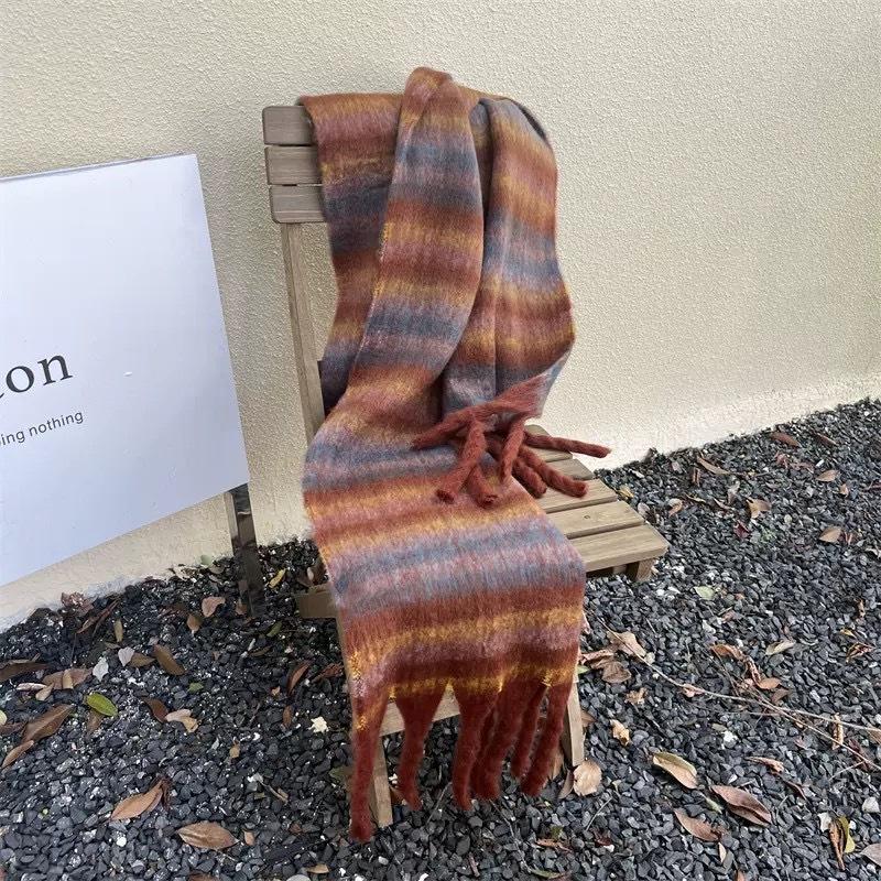 Autumn atmosphere~ Korean light luxury retro striped scarf mohair fringed scarf women's winter cold-proof versatile shawl