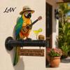Patio Solar Lighting LED Parrot Wall Mount Decor Light, Resin Tropical Bird with Ukulele, Outdoor Wooden Base Light Yard Garden Art Vintage
