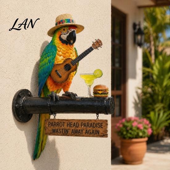 Patio Solar Lighting LED Parrot Wall Mount Decor Light, Resin Tropical Bird with Ukulele, Outdoor Wooden Base Light Yard Garden Art Vintage