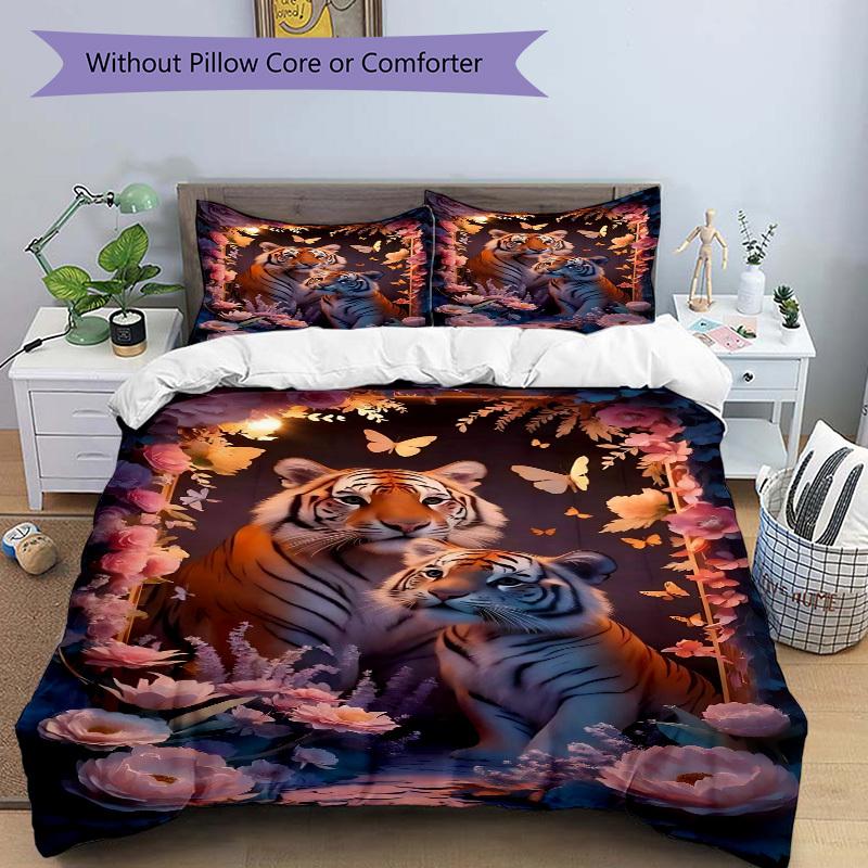 3pcs Tiger Family Duvet Cover Set - Includes 1 Duvet Cover and 2 Pillowcases, No Quilt Core, All-Season Home Decor yy251111044