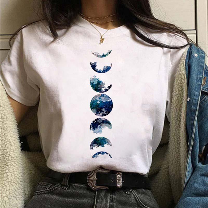 Women Summer Moon Print Short Sleeve T-Shirt