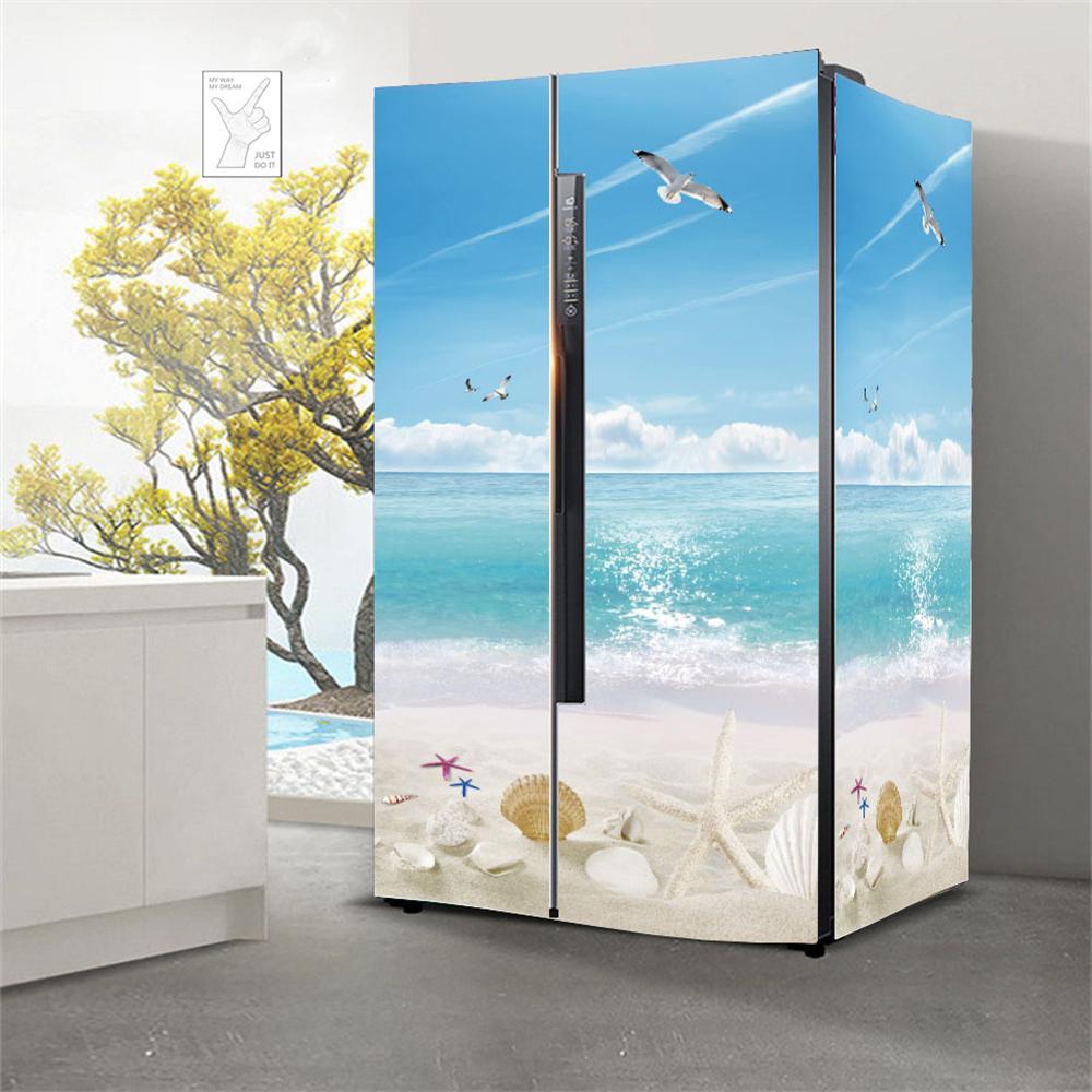 Наклейки на холодильник с морским пейзажем для обоев на холодильник, виниловые самоклеящиеся декорации для пейзажей, пленка для морозильной камеры, пляжная крышка для кухни