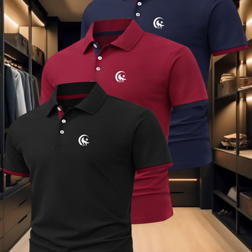 Men'S Polo Shirt Set with Wolf Print, Stylish And Suitable for Business Casual Wear, Comfortable And Breathable Short-Sleeve Polo Shirt for Summer