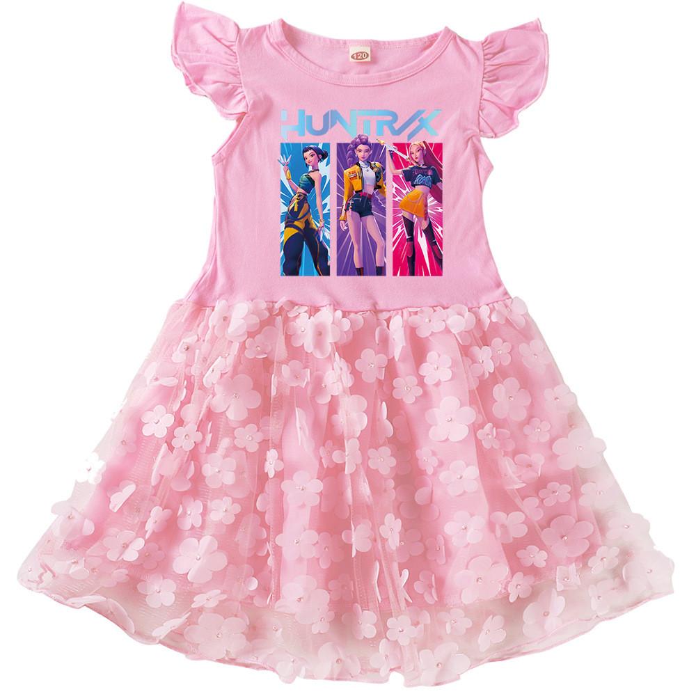 Детское платье для девочек, аниме, мультяшное, K-pop, принт суперзвезды, оборки, короткий рукав, хлопок, повседневное, с цветочным сетчатым верхом