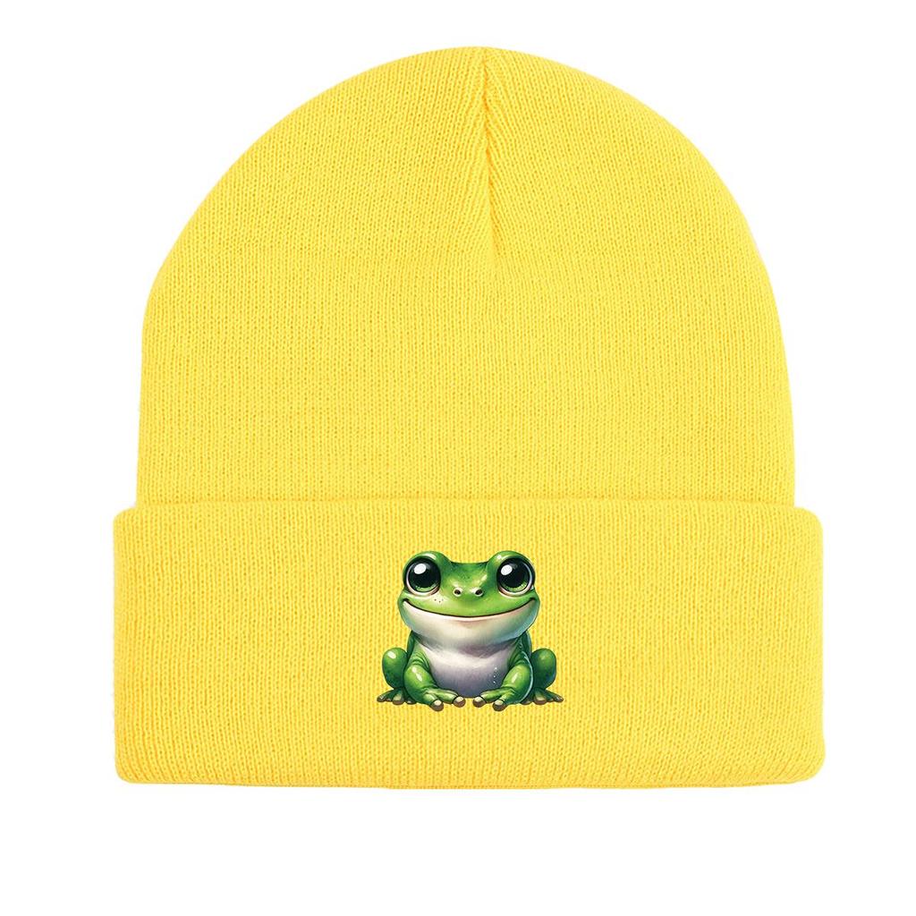 Smiling Frog Warm Knitted Hat Beanie, Woman Cap Cuff Winter Trendy Headwear Knit Cap Beanie