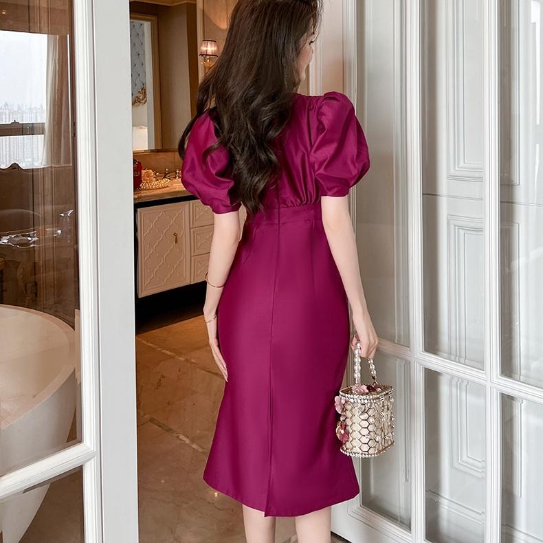 GMXIA Летнее женское элегантное темпераментное облегающее благородное фиолетовое платье с объемными рукавами на талии