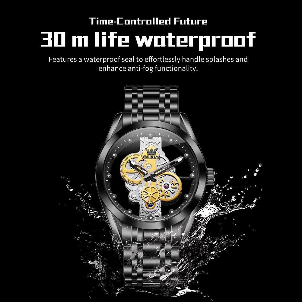 OLEVS Men's Fashion Hollow Skeleton Quartz Wrist Watch Stainless Steel Bracelet Waterproof Luminous Hands Luxury Casual Male Watch