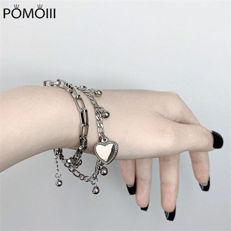 Панк двойной браслет в форме сердца с подвеской для женщин модные хип-хоп серебряные металлические украшения браслеты mujer love браслет подарки цепи