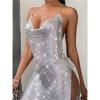 Women Nightclub Backless Metallic Sequin Spaghetti Strap V Neck Halter Split Dress Elegant Party Dress For Evening Wear