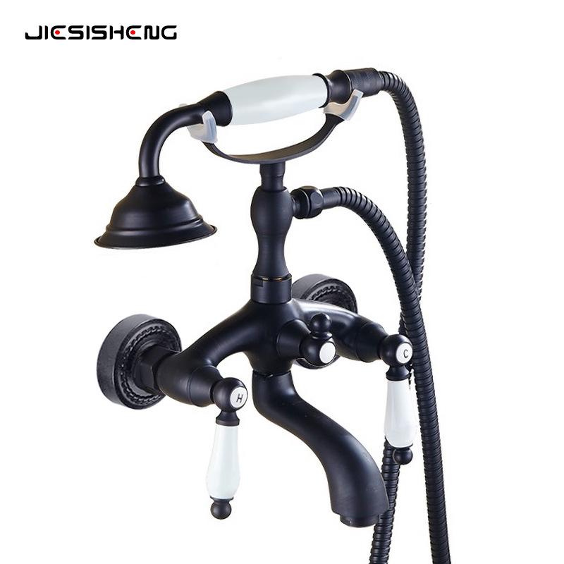 Wall-Mounted Antique Brass Bathtub Faucet with Handheld Shower Set