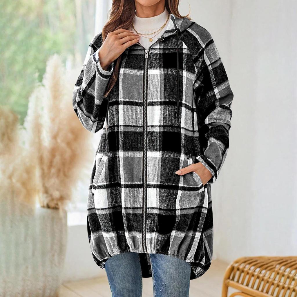 Women's Loose Comfortable Casual And Fashionable V-neck Long Sleeved Checkered Printed Long Top Coat