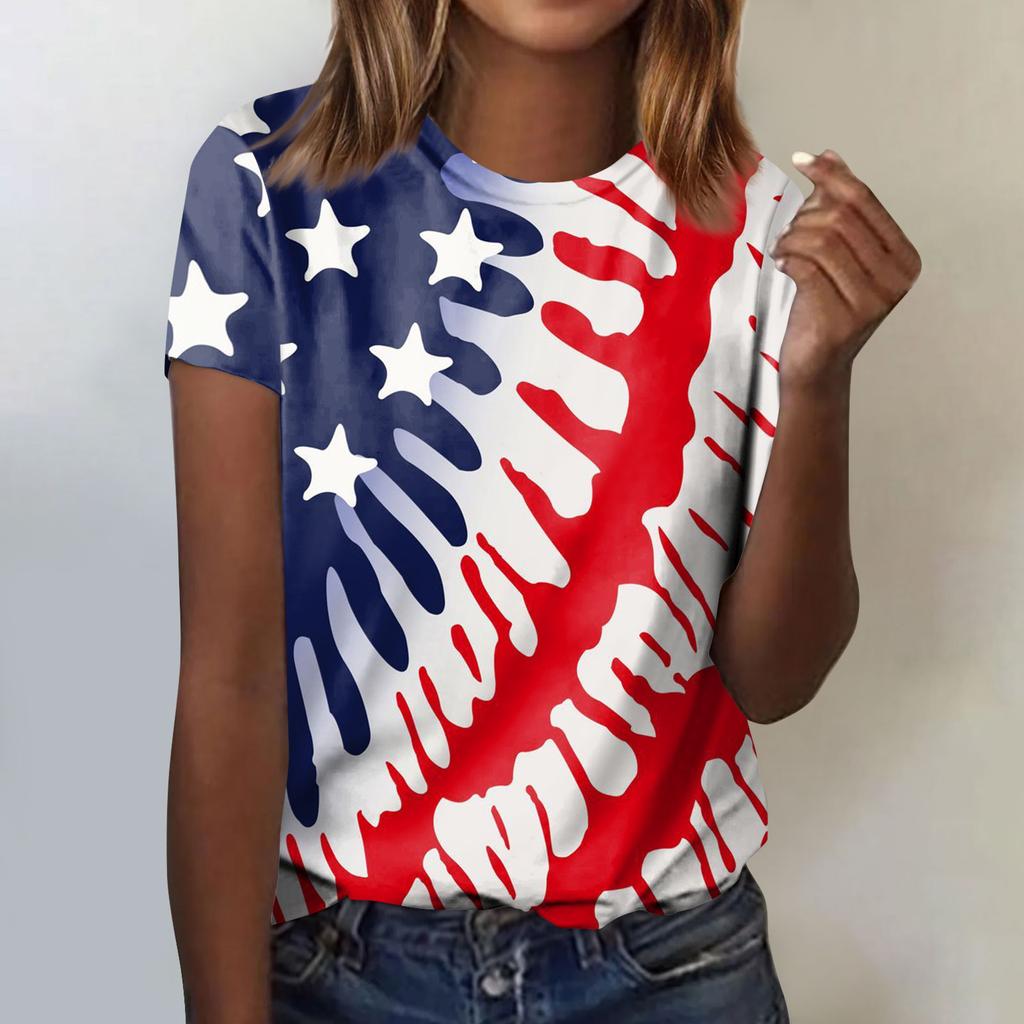 Women's Fashion Casual Independence Day Printed Round Neck Short Sleeve T-Shirt Top