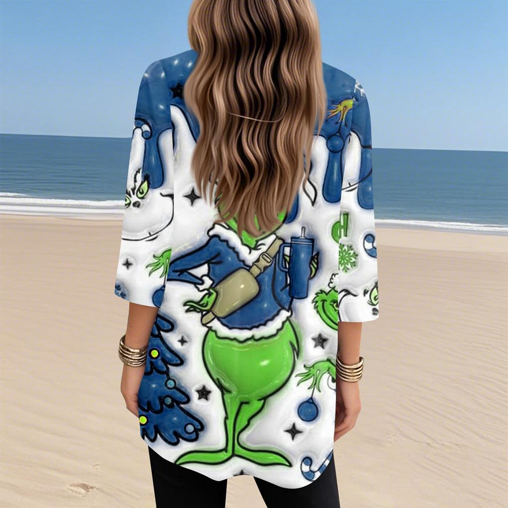 Женские топы с V-образным вырезом и рукавом 3/4, повседневные блузки средней длины, модные туники с рождественским принтом и карманами