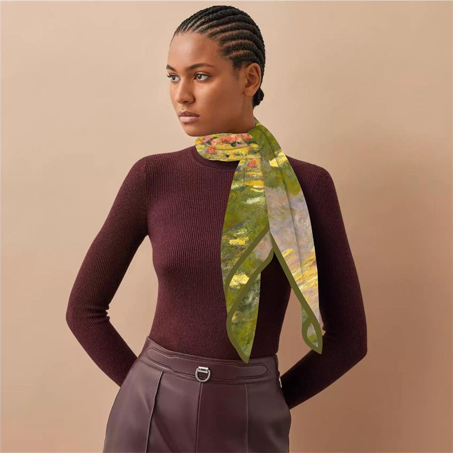 Шелковый платок женский с принтом лотоса, квадратные шарфы, головной платок, эшарп, шелковые фуляры женские, накидки, пляжные шали, бандана, женские хиджабы, 90 см