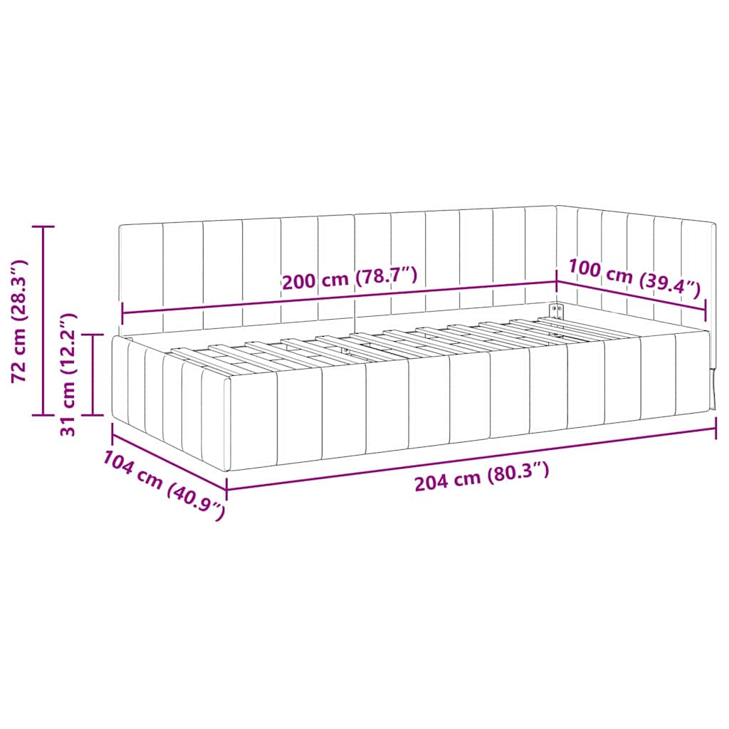 L shaped bed frame with headboard black 100 cm x 200 cm velvet