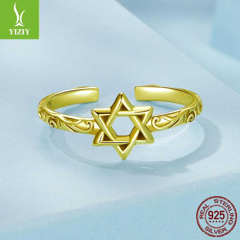 Vintage Hexagram Open Ring, Fashion S925 Sterling Silver Lucky Pattern Ring