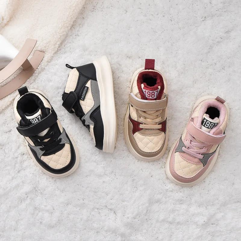 Детские кроссовки с хлопком, спортивная обувь для студентов, нескользящие на липучке, 2024, новая модная детская обувь, теплая для зимнего тренда