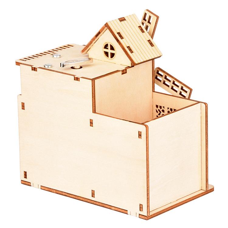 Children's Creative DIY Model Wooden Puzzle 3D Puzzle Board Big Windmill Clockwork Sound Pen Holder, Music Box 117mm * 117mm * 75mm