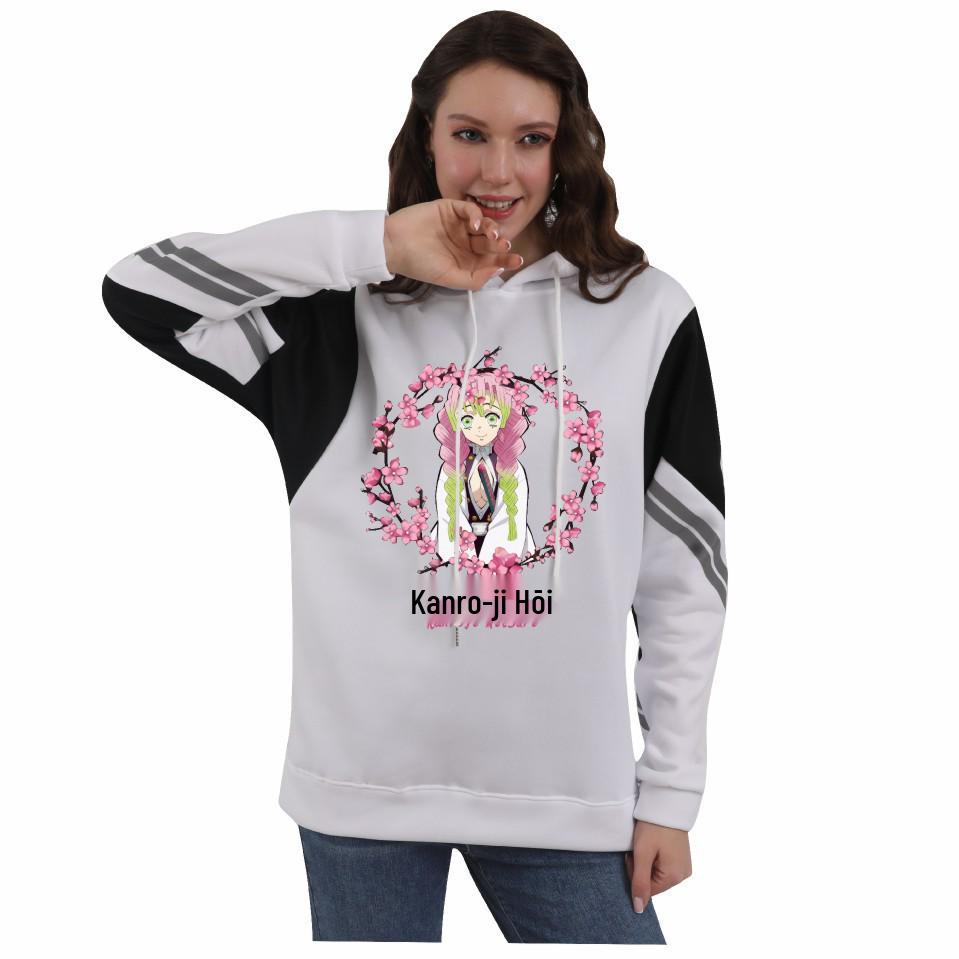 Demon Slayer Women's Hooded Sweatshirt with Japanese Anime Series Print and Color Block Stripes